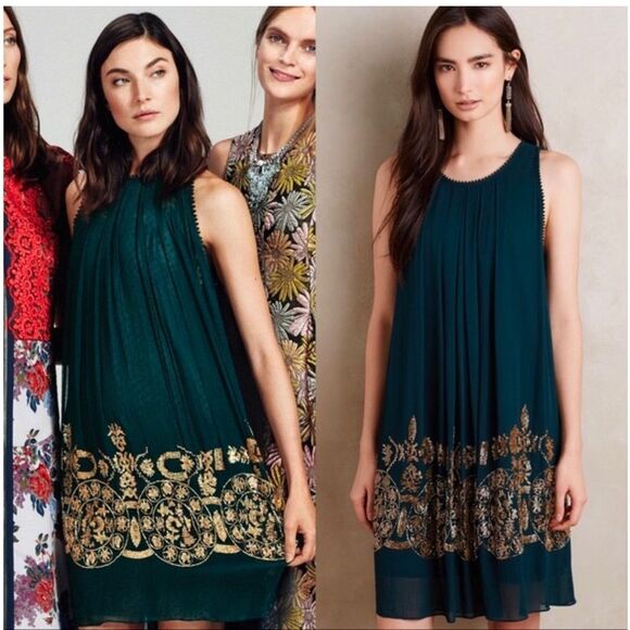Anthropologie Pallavi Mohan Not So Serious Brenta Beaded Swing Dress Green Sz 4 - Picture 2 of 10